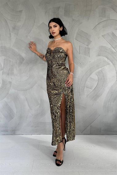 Toptan Gold Tül Detaylı Pul Payet Elbise