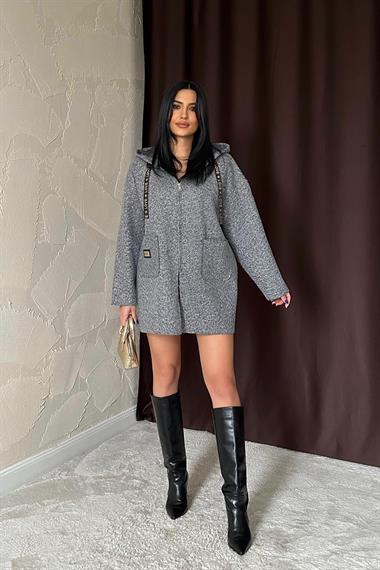 Toptan Gri Armalı Kapşonlu Peluş Ceket