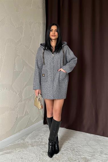 Toptan Gri Armalı Kapşonlu Peluş Ceket