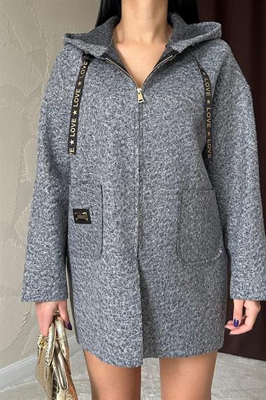 Toptan Gri Armalı Kapşonlu Peluş Ceket