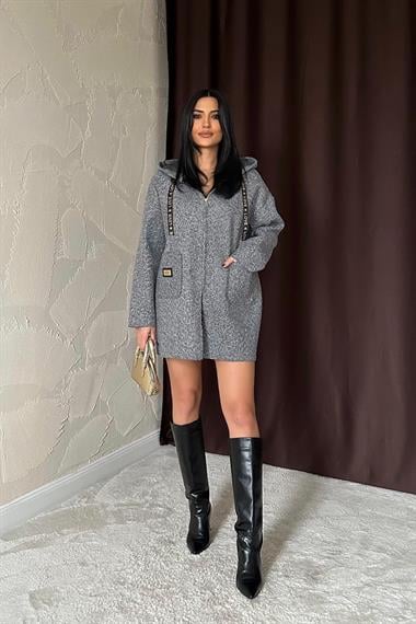Toptan Gri Armalı Kapşonlu Peluş Ceket