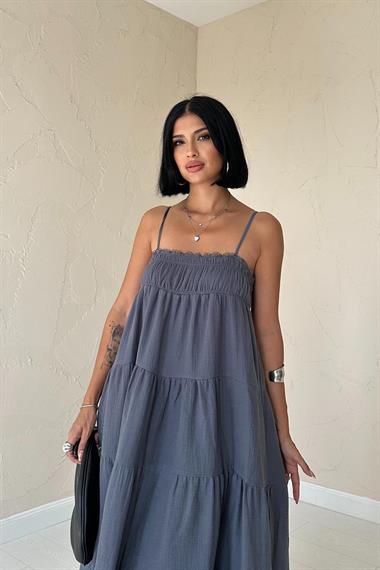 Toptan Gri Askılı Parçalı Müslin Elbise