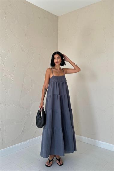 Toptan Gri Askılı Parçalı Müslin Elbise