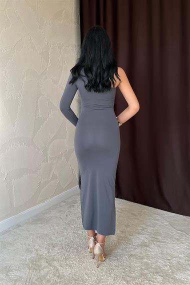 Toptan Gri Büzgü Detaylı Tek Omuz Elbise