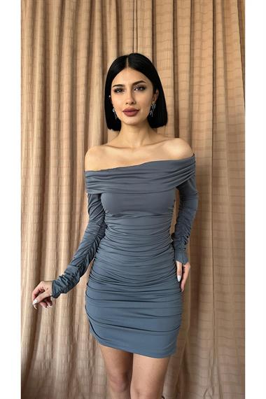 Toptan Gri Büzgülü Madonna Yaka Elbise