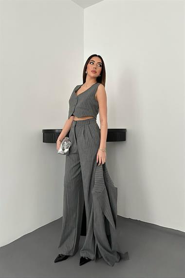 Toptan Gri Çizgili Ceket & Yelek ve Pantolon Takım