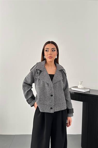 Toptan Gri Çizgili Deri Garnili Ceket