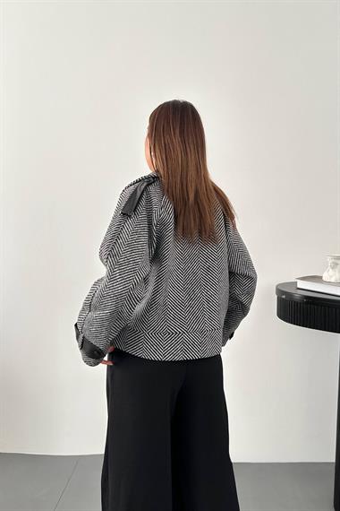 Toptan Gri Çizgili Deri Garnili Ceket