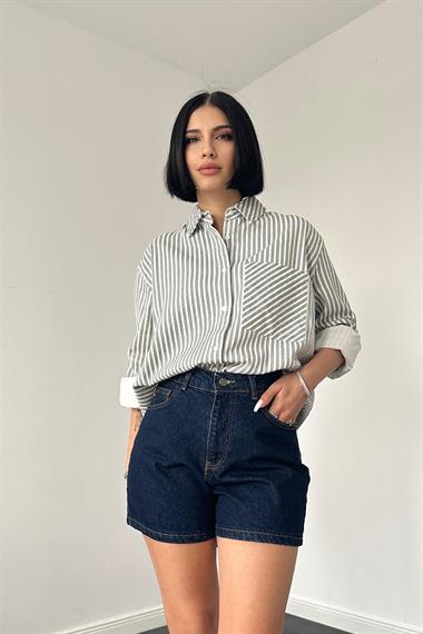Wholesale Gray Striped Gabardine Slit Single Pocket Shirt