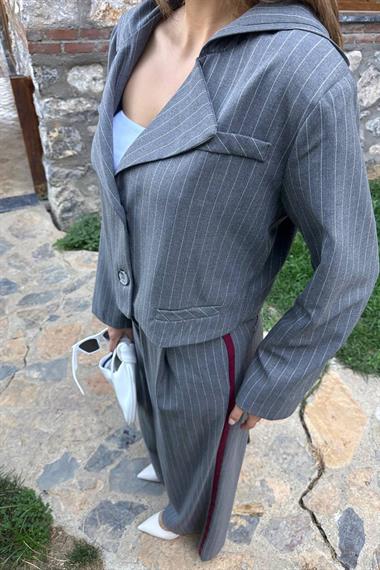 Toptan Gri Çizgili Kapüşonlu Ceket