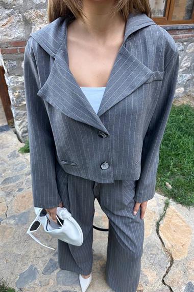 Toptan Gri Çizgili Kapüşonlu Ceket