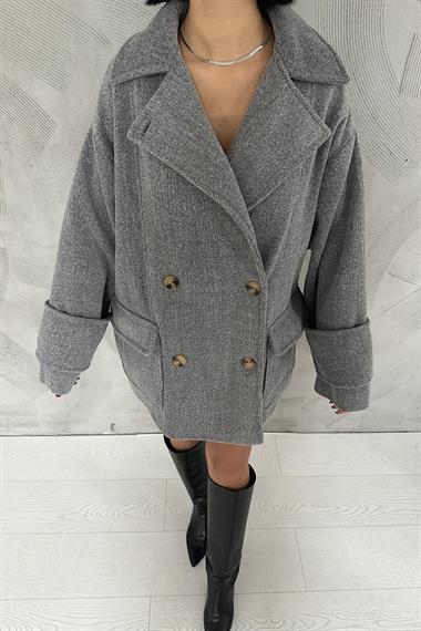 Toptan Gri Düğmeli Light Kadın Kaban