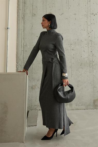 Toptan Gri Etek Bağlamalı Elbise