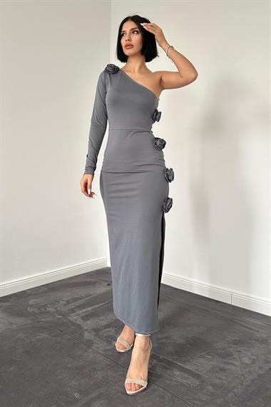 Toptan Gri Güllü Tek Kol Elbise