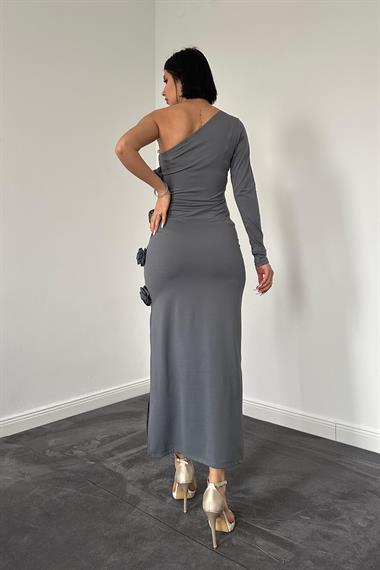 Toptan Gri Güllü Tek Kol Elbise