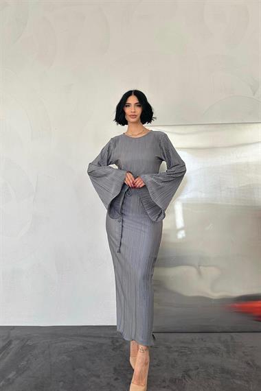 Toptan Gri İspanyol Kol Piliseli Elbise