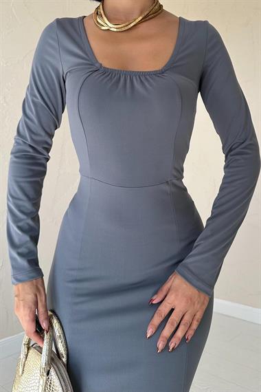 Toptan Gri Kare Yaka Klasik Elbise