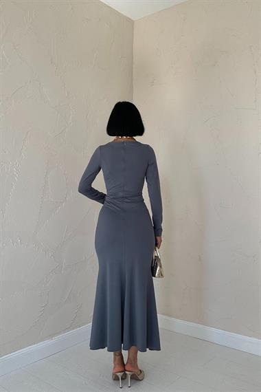 Toptan Gri Kare Yaka Klasik Elbise