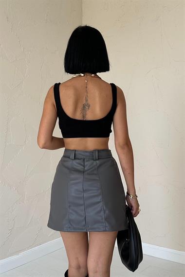 Toptan Gri Kemerli Mini Deri Etek