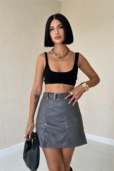 Toptan Gri Kemerli Mini Deri Etek