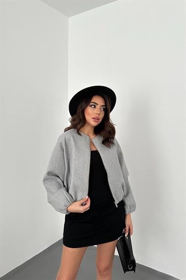 Toptan Gri Kısa Önü Fermuarlı Bomber Ceket