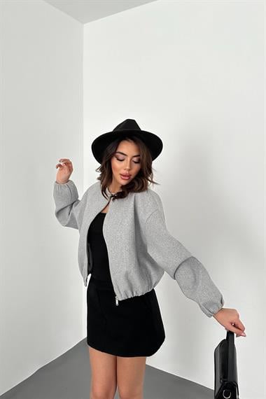 Toptan Gri Kısa Önü Fermuarlı Bomber Ceket