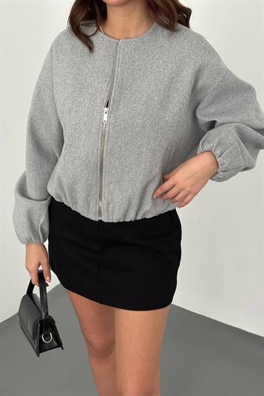 Toptan Gri Kısa Önü Fermuarlı Bomber Ceket