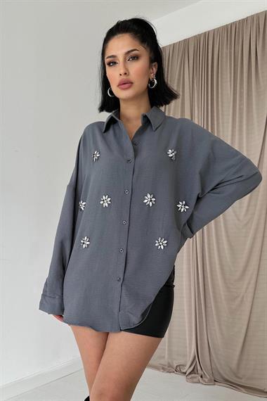 Toptan Gri Klasik Kalıp El İşlemeli Gömlek