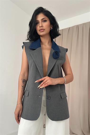 Toptan Gri Kolevi Pis Dikiş Yelek