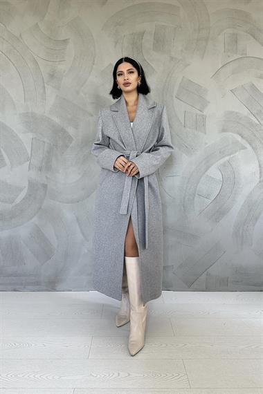 Toptan Gri Kuşaklı Midi Kaban