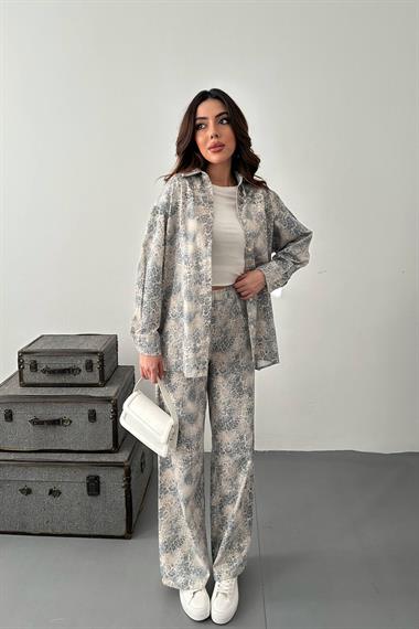 Toptan Gri Leopar Desenli Ceket ve Pantolon Keten Takım