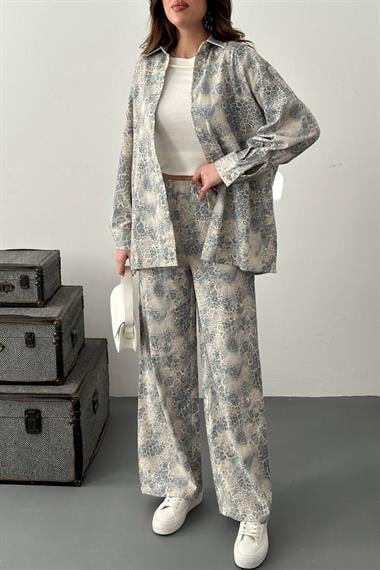 Toptan Gri Leopar Desenli Ceket ve Pantolon Keten Takım