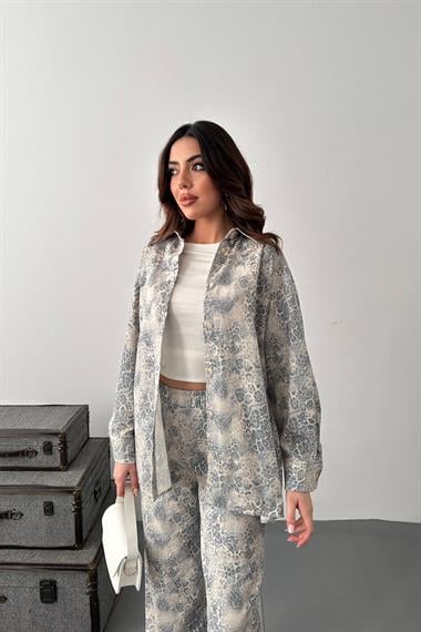 Toptan Gri Leopar Desenli Ceket ve Pantolon Keten Takım