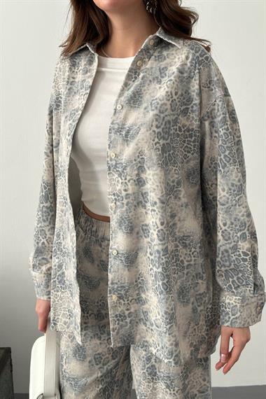 Toptan Gri Leopar Desenli Ceket ve Pantolon Keten Takım