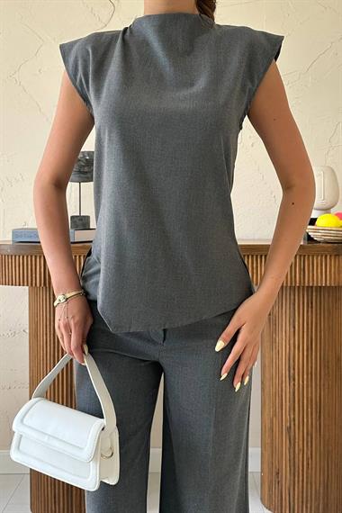 Toptan Gri Sıfır Kol Düğmeli Gömlek Takım