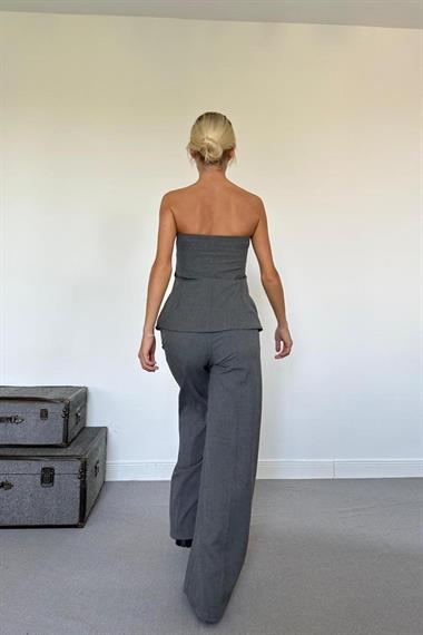 Toptan Gri Straplez Düğmeli Crop ve Pantolon Takım