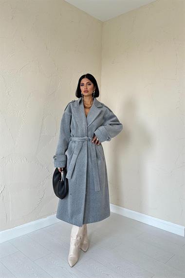 Toptan Gri Uzun Kaşe Kemerli Kaban