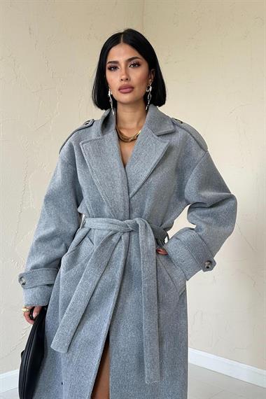 Toptan Gri Uzun Kaşe Kemerli Kaban