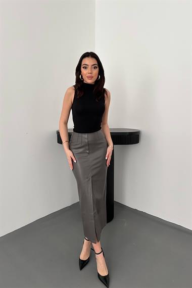 Toptan Gri Yırtmaçlı Süs Patlı Etek