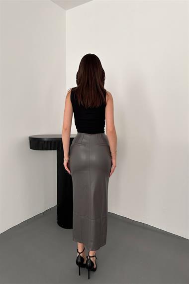 Toptan Gri Yırtmaçlı Süs Patlı Etek