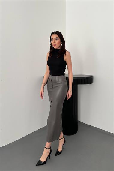 Toptan Gri Yırtmaçlı Süs Patlı Etek