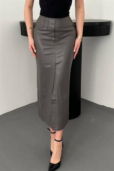 Toptan Gri Yırtmaçlı Süs Patlı Etek