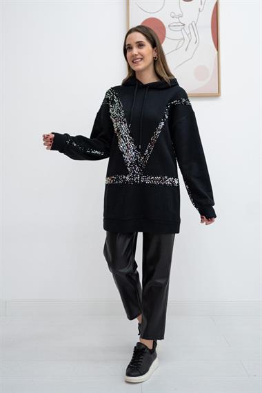 Wholesale Silver Hooded and Black Sequined Sweatshirt