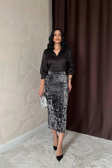 Toptan Gümüş Pulpayetli Parlak Etek