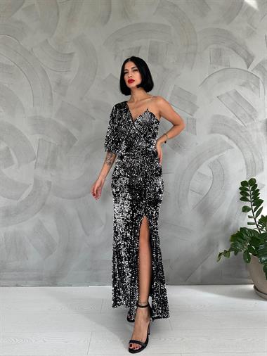 Toptan Gümüş Tek Kol Yırtmaçlı Pulpayet Elbise