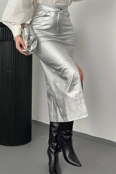 Toptan Gümüş Varaklı Gabardin Yırtmaçlı Etek