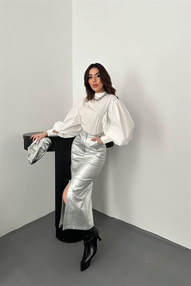 Toptan Gümüş Varaklı Gabardin Yırtmaçlı Etek