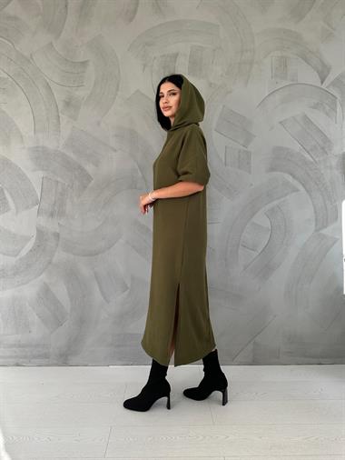 Toptan Haki Akrilik Kapüşonlu Elbise