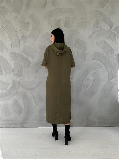 Toptan Haki Akrilik Kapüşonlu Elbise
