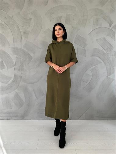 Toptan Haki Akrilik Kapüşonlu Elbise